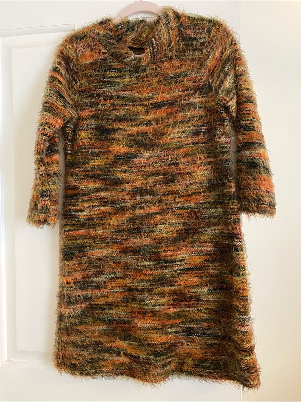 Uncle Frank Multicolor Fuzzy Knit Dress in Orange, Green, Tan